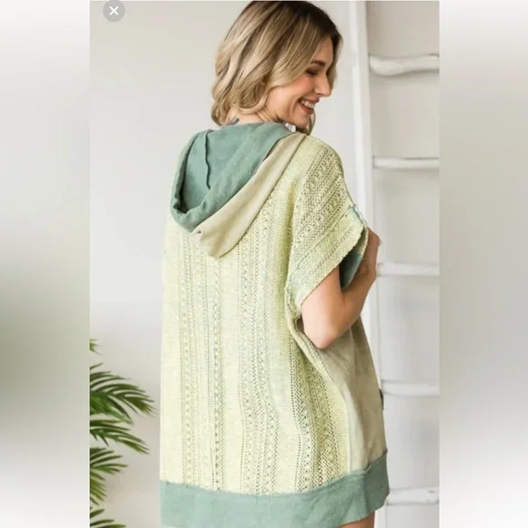 Oli & Hali Sage Green Knit-Yoke V-Neck Hoodie Sweater - Picture 2 of 6